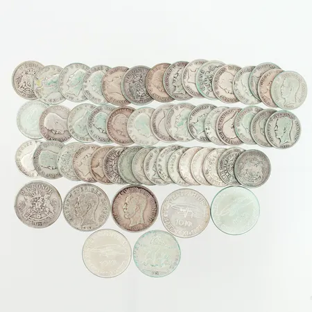 Mynt, Parti blandade Svenska silvermynt, silverhalt 80%, silver 800/1000 Vikt: 445,3 g
