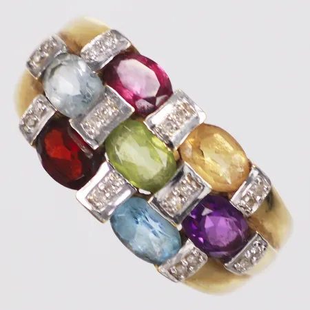 Ring, diamanter 20 x ca0,005ct, ametist, citrin, granat, topas, peridot, rhodolit, Guldfynd, stl 20, bredd 2-11mm, 18K  Vikt: 5,6 g