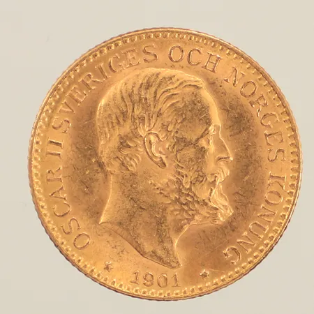 Guldmynt, Ø 18mm, Oscar II Sveriges och Norges konung 1901, 10kr, 23K  Vikt: 4,5 g