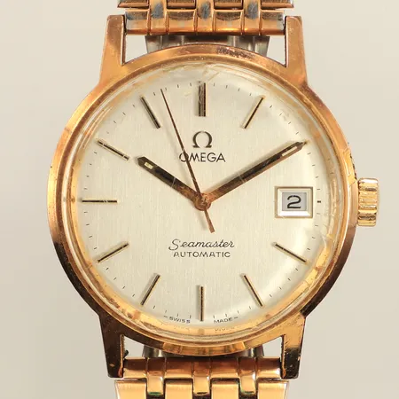 Armbandur Omega, Seamaster, Ø 35mm, automatisk, datum, ref: 166.0163 Cal.1012, Serienr: 38152204,  guld på stål, repigt plexigas, nagg, stål armband, går ej, inga övriga tillbehör