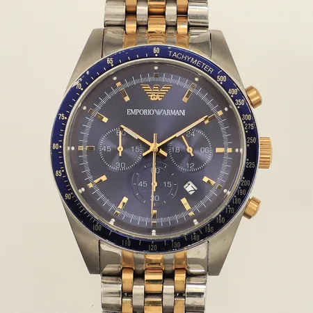 Herrur, Emporio Armani, Ø46mm, quartz, datum, ref: AR-6088, snr: 252003, kronograf, datum, stål/guldtonat stål, stållänk, innermått inklusive ur ca 19cm, repa på glas samt ring, batteribyte krävs, box