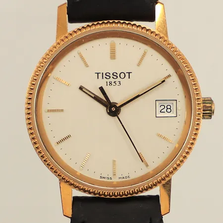 Damur Tissot, Ø24mm, boett i 18K, quartz, datum, gravyr, läderarmband, manual,  batteribyte krävs, bruttovikt: 17,7g