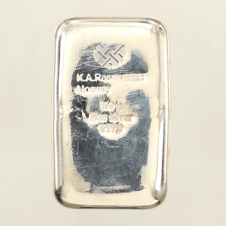 Silvertacka 100g, K.A.Rasmussen Norway, fine silver, certifikat, 999,9/1000 silver . 