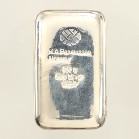 Silvertacka 100g, K.A.Rasmussen Norway, fine silver, certifikat, 999,9/1000 silver