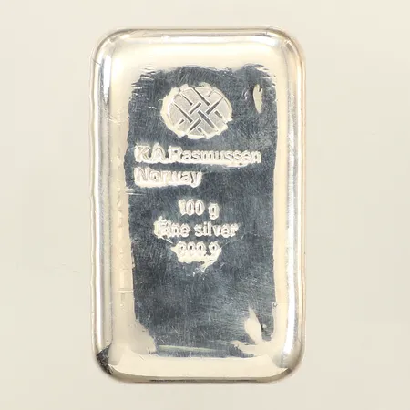 Silvertacka 100g, K.A.Rasmussen Norway, fine silver, certifikat, 999,9/1000 silver