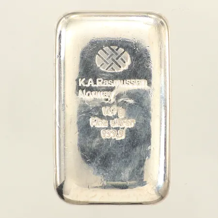 Silvertacka 100g, K.A.Rasmussen Norway, fine silver, certifikat, 999,9/1000 silver 