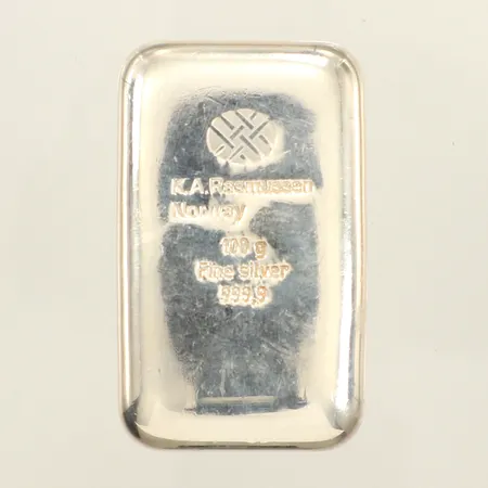 Silvertacka 100g, K.A.Rasmussen Norway, fine silver, certifikat, 999,9/1000 silver 