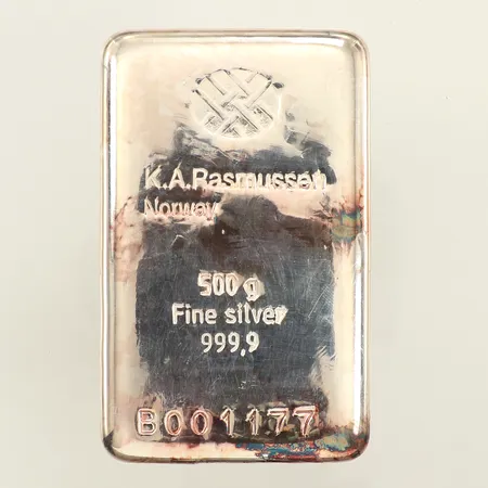 Silvertacka, 500g, serienr: B001177, K.A Rasmussen Norway, fine silver, certifikat, 999,9/1000 silver