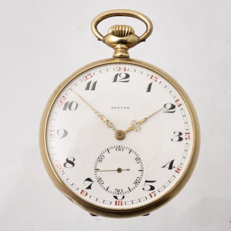 Fickur i 14K guld, Zenith, Ø49,5mm, verk-nr 2784018, boett-nr 307093, 24-timmarsvisning, manuell, innerboett i metall, personlig gravyr, buklig, bruttovikt 78,6g.