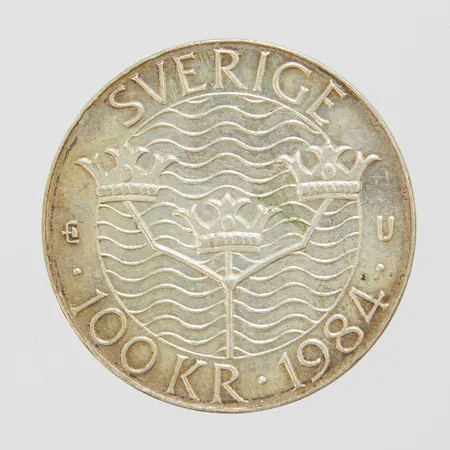 Mynt, Förtroende, säkerhet, nedrustning, Stockholm Europa, Sverige 1984, nominellt värde 100kr, Ø 32mm, plastetui, silver 925/1000 Vikt: 16 g