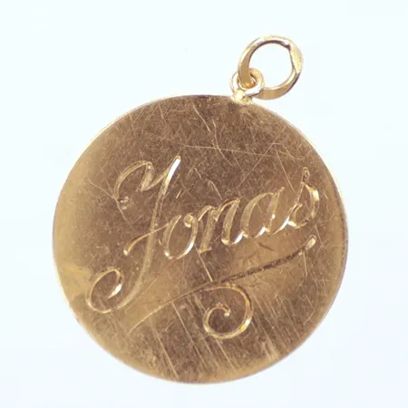 Hänge, Ø20mm, gravyr, 18K  Vikt: 1,7 g