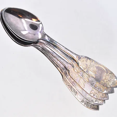6 st skedar, N9/1963, modell Tornedal, längd 12 cm, silver 830/1000. Vikt: 68,2 g