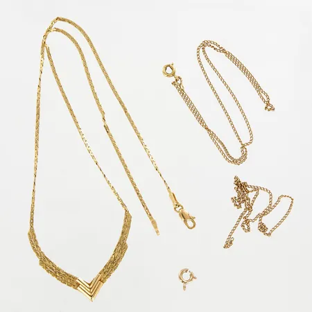 1 collier, 1 kedja samtliga, 1 lås, samtliga med defekter, 18K Vikt: 10 g