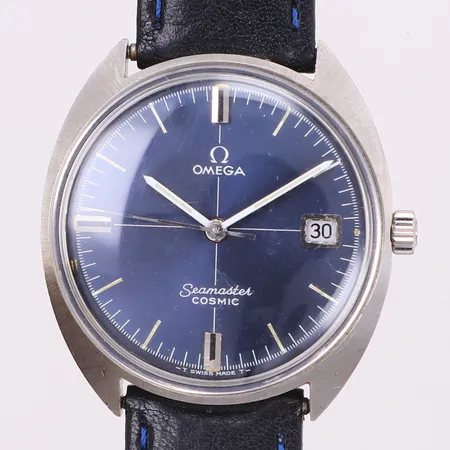 Herrur, Omega Semaster Cosmic, stål, 36mm, manuell, boettnr 136017 SP tool 107, datum (återställer ej korrekt), plexiglas, mörkblå urtavla, läderband ej original, originalspänne, inga tillbehör 