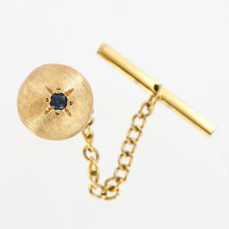 Slipsnål med syntetisk safir, Ø7mm, del med kedja i förgylld metall, Guldvikt: 2,2 g, 14K, Bruttovikt: 4,8 g
