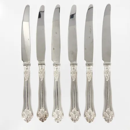 Sex knivar, 19cm, modell Sachsisk, blad i stål, handtag i silver, bruttovikt 262,9 gram Vikt: 262,9 g