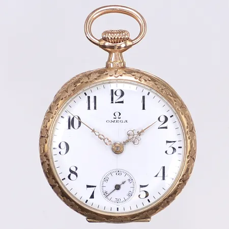 Fickur, Omega, Ø33mm, innerboett i metall, servicebehov, 14K, bruttovikt 27,7 g