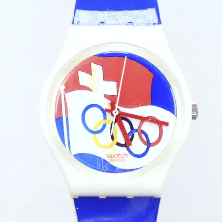 Herrur retro Swatch, Il. Olympiche, Winterspiele, St. Moritz 11-19 Febr. 1928, längd 23cm, originalask, behov av batteribyte. Vikt: 0 g