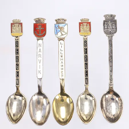 5 teskedar, emaljdekor, ca 20cm, silver 830/1000 Vikt: 48,8 g