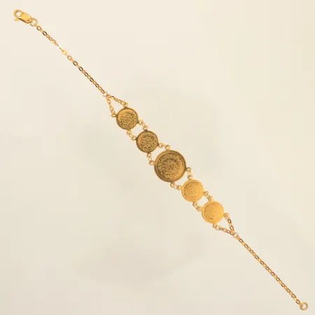 Armband med fem integrerade mynt, längd 19cm, bredd 2-15mm, 21K  Vikt: 6,3 g