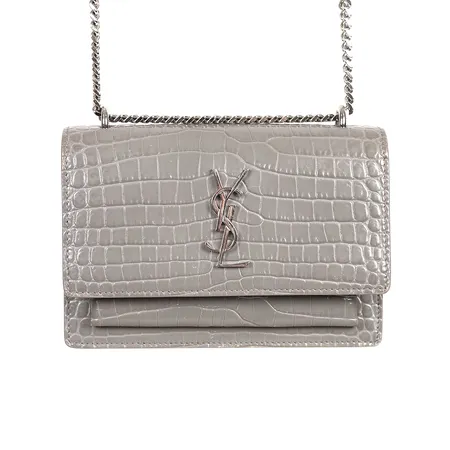 Väska, Yves Saint Laurent, Sunset Chain wallet Croc, grå kalvskinn med krokodilimitation, axelrem samt detaljer i vitfärgad metall, invändigt klädd i mocka, samt innerfickor, mått ca 17x12x6cm, smärre bruksslitage, mindre fläckar invändigt, repor på monogramdetalj, kvitto från Affordable Luxury 2021.