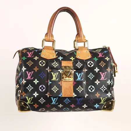 Väska, Louis Vuitton Speedy 30 Multicolor, svart läder, monogramcanvas med bruna läderdetaljer, beslag i gulfärgad metall, brunt invändigt foder med innerficka,  Made in France, ca 30 x 18 x 22cm, bruksslitage, mindre invändiga fläckar, repor/slitage på beslag, fläckar på läderdetaljer, inga övriga tillbehör.    