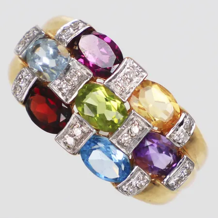 Ring, diamanter 20 x ca0,005ct, ametist, citrin, granat, topas, peridot, rhodolit, Guldfynd, stl 18½, bredd 2-11mm, 18K  Vikt: 5,7 g