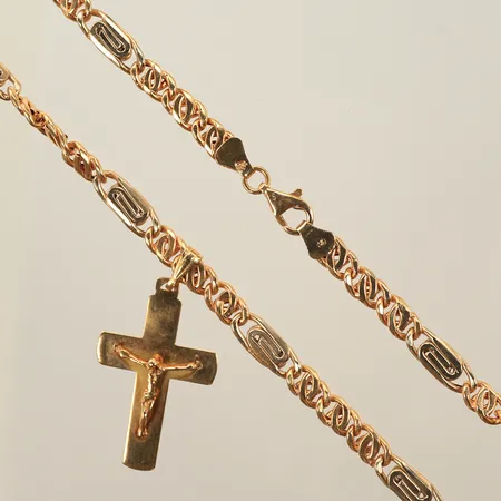 Halskedja med krucifix, längd 52cm, bredd 6mm, (hänge 50x25mm), 18K Vikt: 26 g