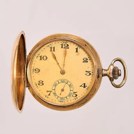 Fickur 14K, 49mm, saknar glas, defekt, bucklig, innerboett i metall, 14K bruttovikt 80,7g.