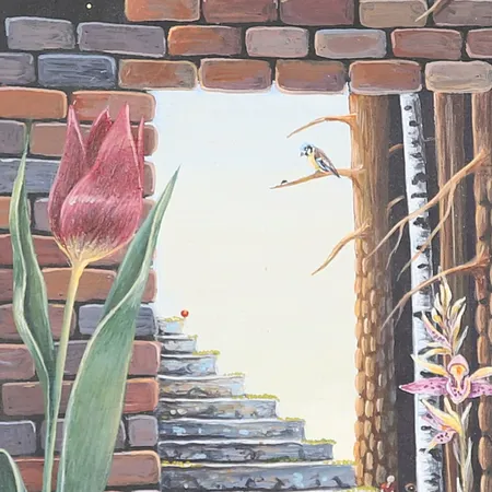 Tavla, Katarina Grette, "Vindskappan", olja på pannå, signerad och daterad 2001, bildmått 20x15cm, några repor på ram. Skickas med postpaket.