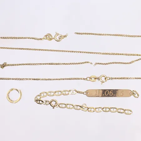 2 halskedjor, 1 armband, 1 udda örhänge, defekt, 14K  Vikt: 5,4 g