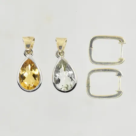Två hängen, orange sten, vit sten, längd 20 mm, 1 par örhängen, 12x15 mm, 925/1000 silver. Vikt: 8,1 g