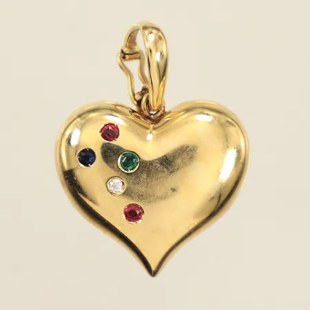 Hänge hjärta med diamant ca 0,02ct samt troligen safir,smaragd,rubiner, längd inkl ögla ca 29mm, bredd ca 22mm, ostämplad, 14K Vikt: 4,2 g