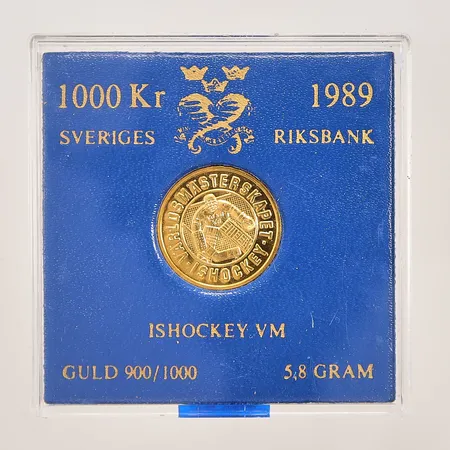 Minnesmynt, 20mm, "Ishockey VM", 1000kr, 1989, etui, 21,6K 5,8g.