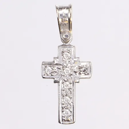 Hänge kors med vita stenar, längd inkl ögla 3cm, bredd 12mm, 14K  Vikt: 3,3 g