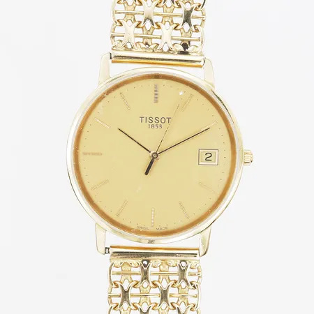 Herrur Tissot, quartz, 18K guld,  Ø34mm, datum, armlänk x-länk, står still/behov av batteribyte, bruttovikt: 54,3g.   