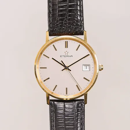 Herrur Eterna 18K, 33,5mm, slitet läderband original, gravyr, etui.