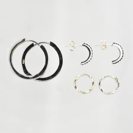 3 par örhängen, Ø 25 mm, 12 mm, 10 mm, silver. Vikt: 10,6 g