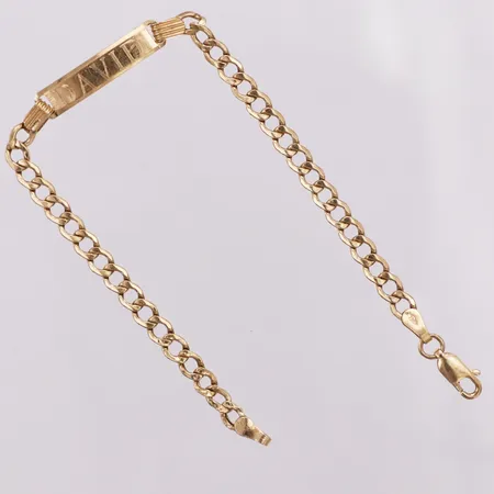 Armband, ihålig Pansar, graverad platta, 17,5cm, bredd 4-5mm, bucklig, 18K  Vikt: 3,7 g