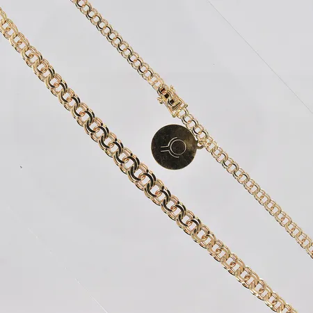 Collier doserad Bismarck, 43,5cm, bredd 4,5-7,5mm, berlock med gravyr, 18K Vikt: 20,4 g