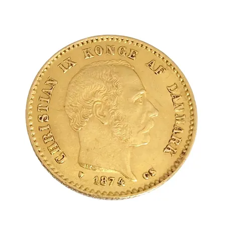 Guldmynt, Danmark, 10 Kroner 1874, 21,6K guld (900/1000), Ø18,5 mm, förvaras i myntkapsel  Vikt: 4,5 g