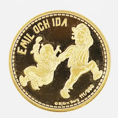 Mynt, Emil och Ida, Five Dollars, år 2023, Ø18mm, numrerad 111/999, certifikat Mynthuset Sverige, etui, 24K Vikt: 3,1 g