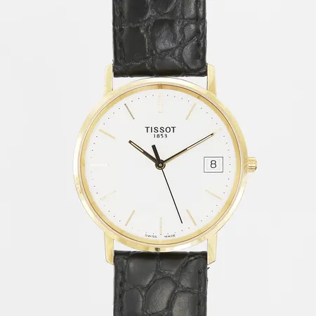 Herrur Tissot, quartz, datum, Ø36mm, 18K, originalläderband och spänne, gravyr, inga tillbehör, slitage, står still/behov av batteribyte.