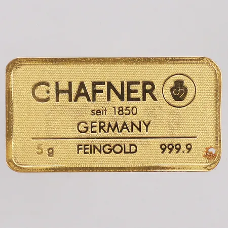 Guldtacka, Chafner, serienr 190270, borrhål, brutet etui, 999,9/1000, fine gold, 24K  Vikt: 5 g