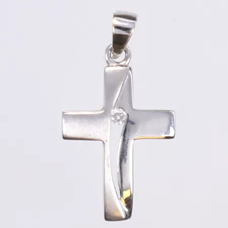 Hänge kors med vit sten, längd 2cm inkl ögla, bredd 1 cm, vitguld 18K  Vikt: 1 g