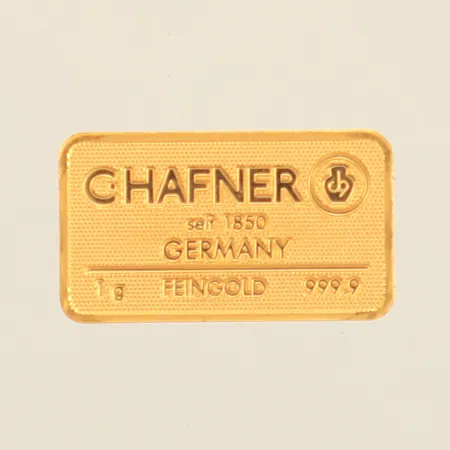 Guldtacka Chafner Germany, serienr 457924, mått ca 15,1x8,6mm, Fein gold 999,9, bruten plombering, 24K  Vikt: 1 g
