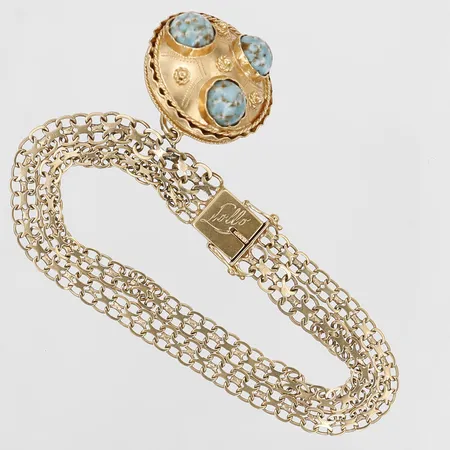 Armband, X-länk med integrerad berlock samt turkoser, gravyr, längd: 19cm, bredd: 9mm, berlock höjd inkl. ögla: 26mm, bredd: 25mm, bruksskick, 18K guld, bruttovikt: 20,2g.
