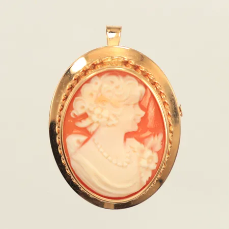 Hänge/brosch med Camé, längd 30mm, bredd 24mm, 18K  Vikt: 5,5 g