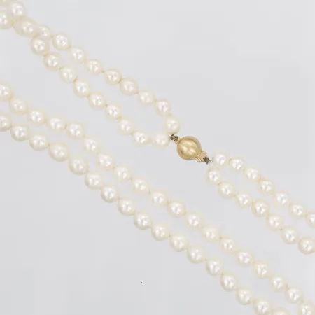 Pärlcollier med odlade pärlor Ø10mm, dubbelradigt, längd: 40 - 41,5cm, kullås i 18K guld, bruttovikt: 42,5g. 