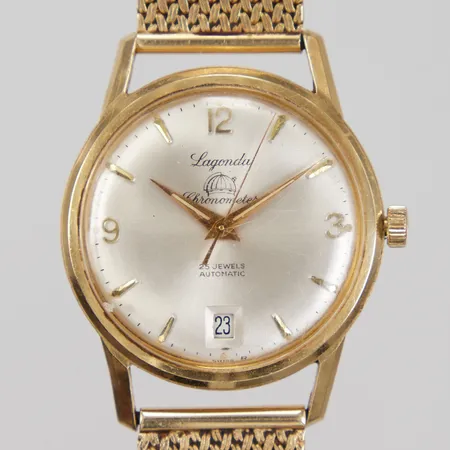 Herrur, Lagonda Chronometer, Ø34mm, 18K, manuell, datum, länk 18K, repigt glas, defekt krona, Bruttovikt: 65,1g